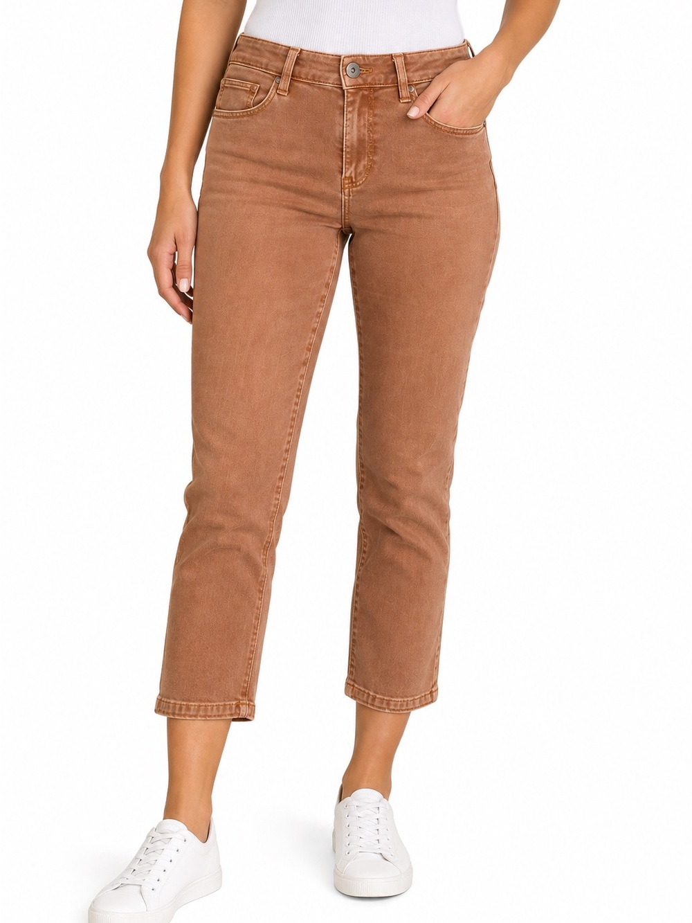 Mid-Rise Cropped Straight Jeans in Cognac